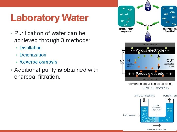 Laboratory Water • Purification of water can be achieved through 3 methods: • Distillation