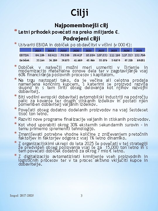 Cilji Najpomembnejši cilj * Letni prihodek povečati na preko milijarde €. Podrejeni cilji *