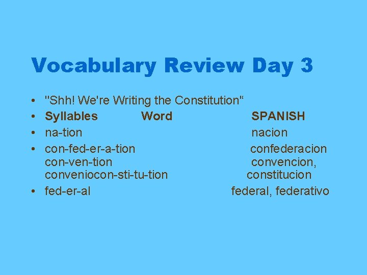 Vocabulary Review Day 3 • • ''Shh! We're Writing the Constitution'‘ Syllables Word SPANISH