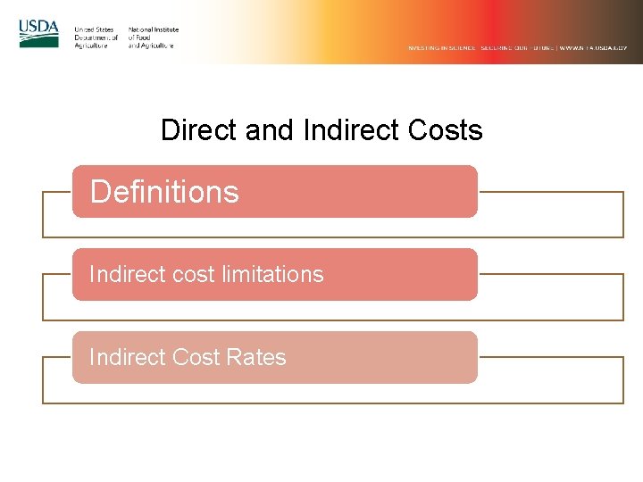 Direct and Indirect Costs Definitions Indirect cost limitations Indirect Cost Rates Direct and Indirect Costs Definitions Indirect cost limitations Indirect Cost Rates