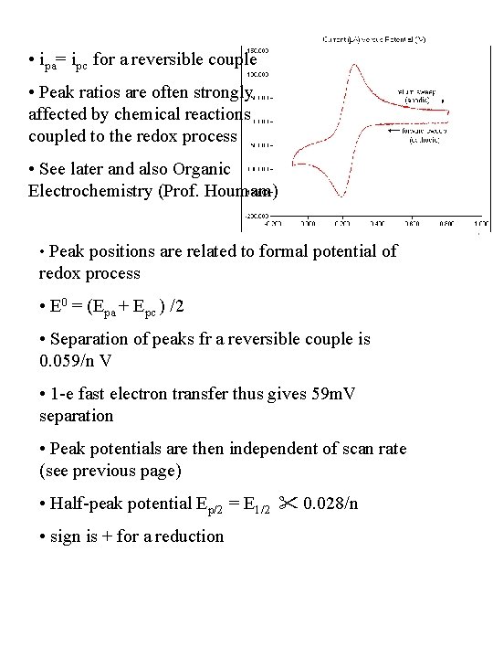  • ipa= ipc for a reversible couple • Peak ratios are often strongly