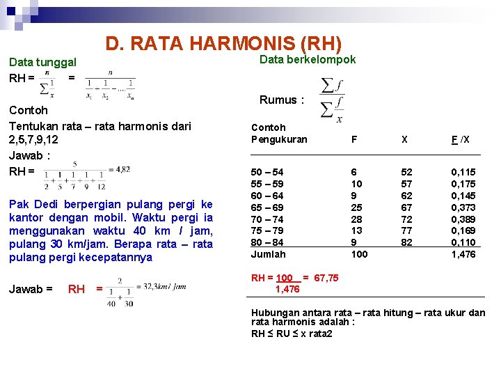 D. RATA HARMONIS (RH) Data berkelompok Data tunggal RH = = Contoh Tentukan rata