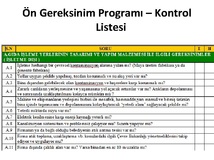 Ön Gereksinim Programı – Kontrol Listesi 