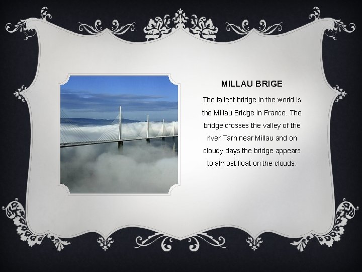 MILLAU BRIGE The tallest bridge in the world is the Millau Bridge in France.