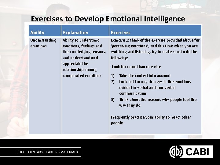 Exercises to Develop Emotional Intelligence Ability Explanation Exercises Understanding emotions Ability to understand emotions,