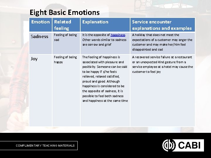 Eight Basic Emotions Emotion Related feeling Sadness Explanation Service encounter explanations and examples Feeling