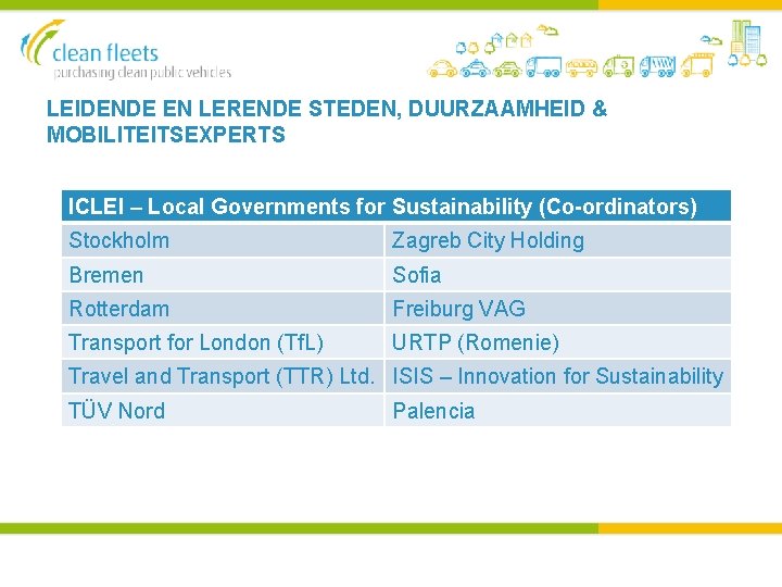 LEIDENDE EN LERENDE STEDEN, DUURZAAMHEID & MOBILITEITSEXPERTS ICLEI – Local Governments for Sustainability (Co-ordinators)