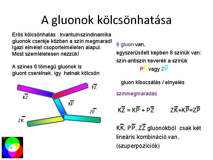 A gluonok kölcsönhatása Erős kölcsönhatás : kvantumszíndinamika gluonok cseréje közben a szín megmarad! 8