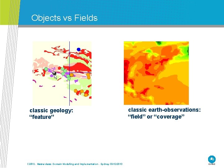 Objects vs Fields classic geology: “feature” CSIRO. Masterclass: Domain Modelling and Implementation - Sydney