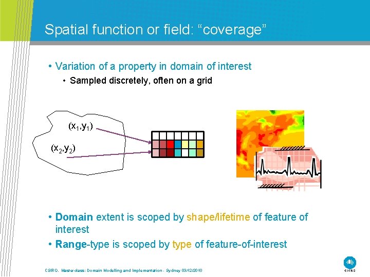 Spatial function or field: “coverage” • Variation of a property in domain of interest