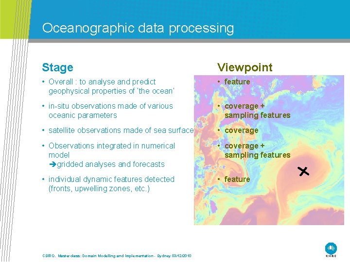 Oceanographic data processing Stage Viewpoint • Overall : to analyse and predict geophysical properties