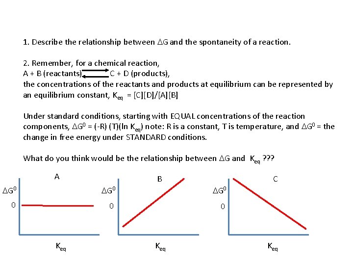 1. Describe the relationship between DG and the spontaneity of a reaction. 2. Remember,