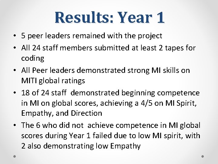 Results: Year 1 • 5 peer leaders remained with the project • All 24