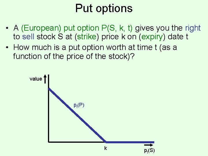 Put options • A (European) put option P(S, k, t) gives you the right