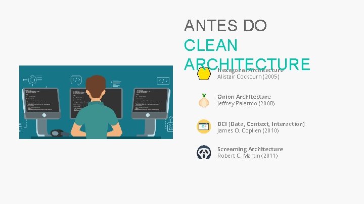 ANTES DO CLEAN ARCHITECTURE Hexagonal Architecture Alistair Cockburn (2005) Onion Architecture Jeffrey Palermo (2008) ANTES DO CLEAN ARCHITECTURE Hexagonal Architecture Alistair Cockburn (2005) Onion Architecture Jeffrey Palermo (2008)