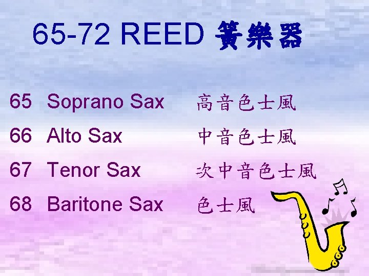 65 -72 REED 簧樂器　 65 Soprano Sax 高音色士風 66 Alto Sax 中音色士風 67 Tenor