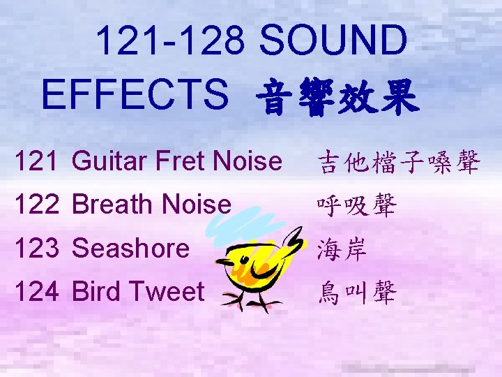 121 -128 SOUND EFFECTS 音響效果　 121 Guitar Fret Noise 吉他檔子嗓聲 122 Breath Noise 呼吸聲