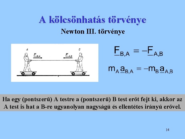 A kölcsönhatás törvénye Newton III. törvénye Ha egy (pontszerű) A testre a (pontszerű) B