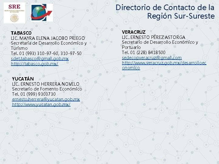 Directorio de Contacto de la Región Sur-Sureste TABASCO LIC. MAYRA ELENA JACOBO PRIEGO Secretaria