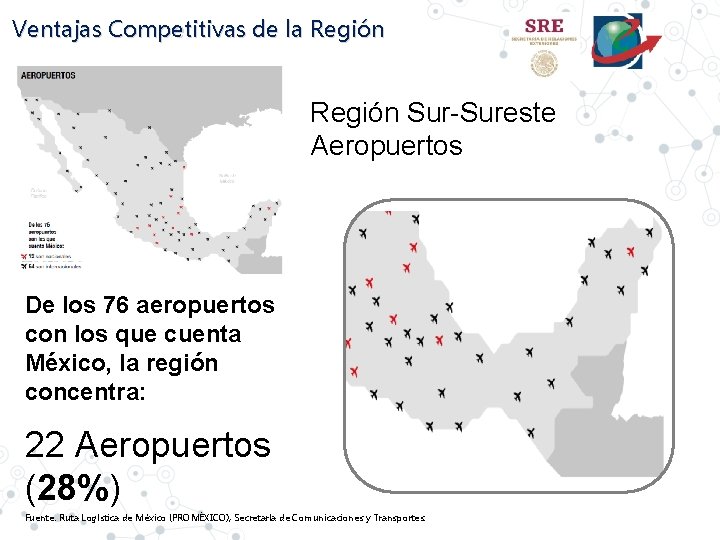Ventajas Competitivas de la Región Sur-Sureste Aeropuertos De los 76 aeropuertos con los que