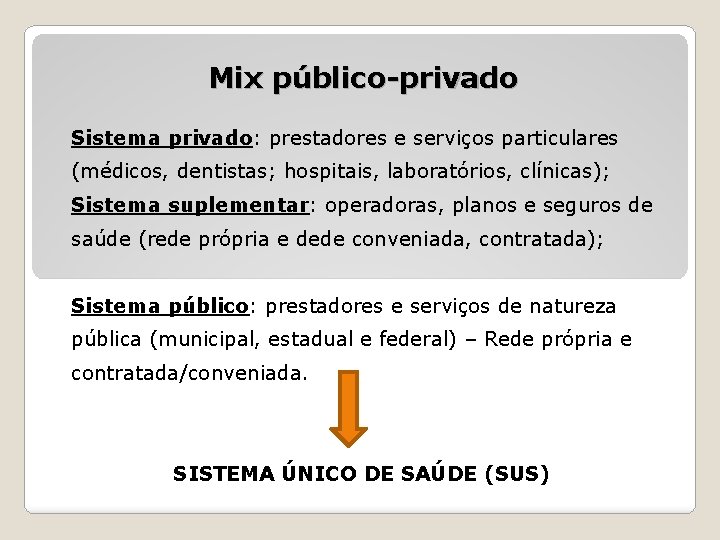 Mix público-privado Sistema privado: prestadores e serviços particulares (médicos, dentistas; hospitais, laboratórios, clínicas); Sistema