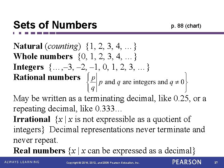 Sets of Numbers p. 88 (chart) Natural (counting) {1, 2, 3, 4, …} Whole