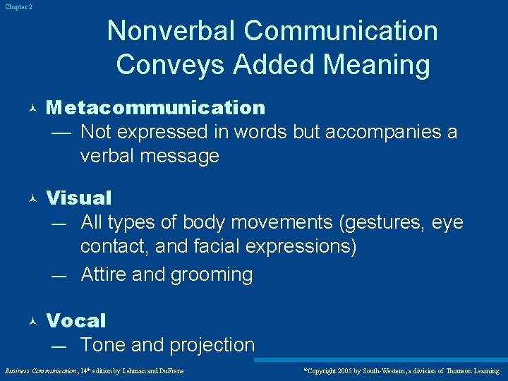 Chapter 2 Nonverbal Communication Conveys Added Meaning © © © Metacommunication — Not expressed