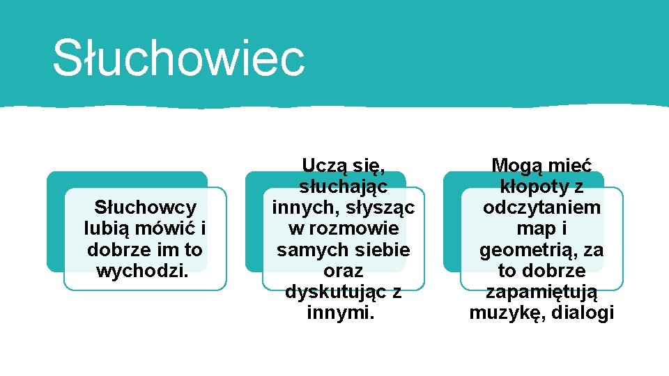 Słuchowiec Słuchowcy lubią mówić i dobrze im to wychodzi. Uczą się, słuchając innych, słysząc