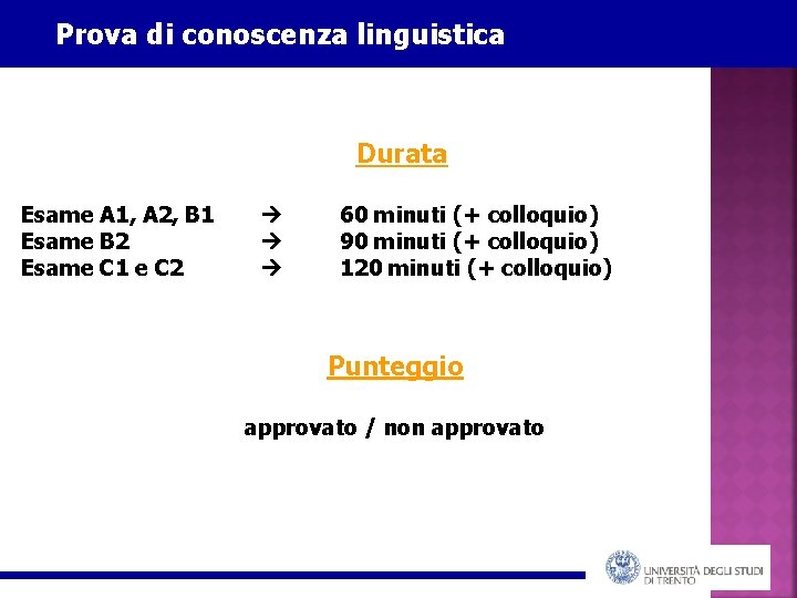 Prova di conoscenza linguistica Durata Esame A 1, A 2, B 1 Esame B