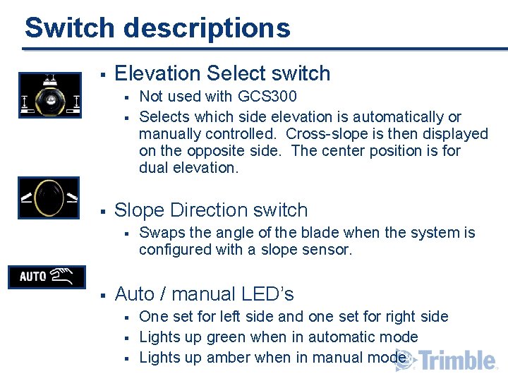 Switch descriptions § Elevation Select switch § § § Slope Direction switch § § Switch descriptions § Elevation Select switch § § § Slope Direction switch § §