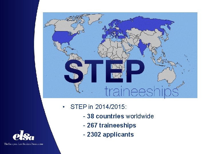  • STEP in 2014/2015: - 38 countries worldwide - 267 traineeships - 2302