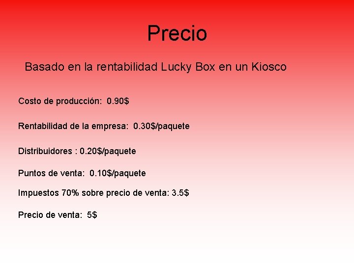 Precio Basado en la rentabilidad Lucky Box en un Kiosco Costo de producción: 0.