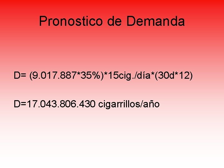 Pronostico de Demanda D= (9. 017. 887*35%)*15 cig. /día*(30 d*12) D=17. 043. 806. 430