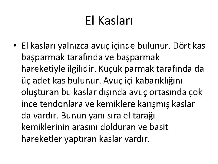 El Kasları • El kasları yalnızca avuç içinde bulunur. Dört kas başparmak tarafında ve