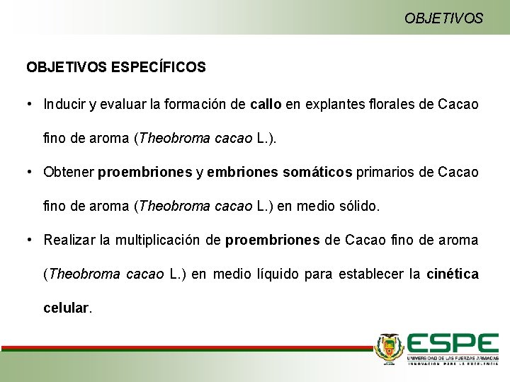 OBJETIVOS ESPECÍFICOS • Inducir y evaluar la formación de callo en explantes florales de