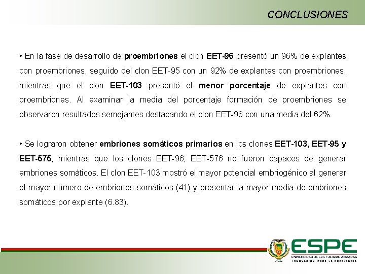 CONCLUSIONES • En la fase de desarrollo de proembriones el clon EET-96 presentó un
