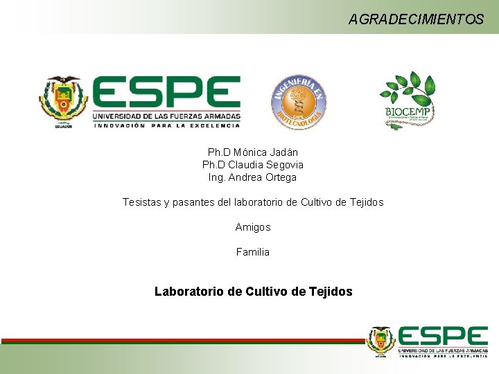 AGRADECIMIENTOS Ph. D Mónica Jadán Ph. D Claudia Segovia Ing. Andrea Ortega Tesistas y