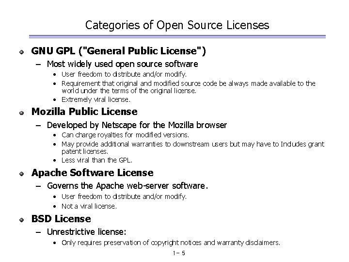 Categories of Open Source Licenses GNU GPL ("General Public License") – Most widely used