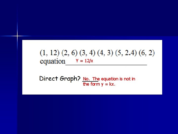Y = 12/x No. The equation is not in the form y = kx.