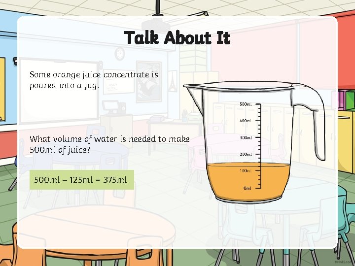 Talk About It Some orange juice concentrate is poured into a jug. What volume