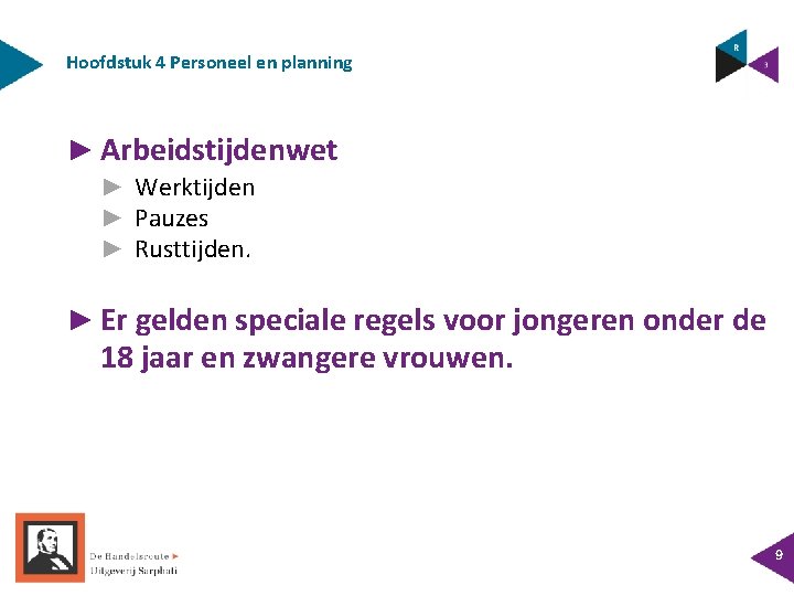 Hoofdstuk 4 Personeel en planning ► Arbeidstijdenwet ► Werktijden ► Pauzes ► Rusttijden. ► Hoofdstuk 4 Personeel en planning ► Arbeidstijdenwet ► Werktijden ► Pauzes ► Rusttijden. ►