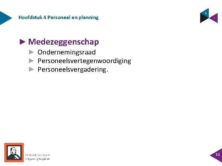 Hoofdstuk 4 Personeel en planning ► Medezeggenschap ► Ondernemingsraad ► Personeelsvertegenwoordiging ► Personeelsvergadering. 13 Hoofdstuk 4 Personeel en planning ► Medezeggenschap ► Ondernemingsraad ► Personeelsvertegenwoordiging ► Personeelsvergadering. 13