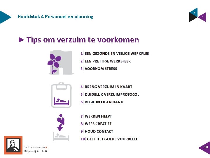 Hoofdstuk 4 Personeel en planning ► Tips om verzuim te voorkomen 18 Hoofdstuk 4 Personeel en planning ► Tips om verzuim te voorkomen 18