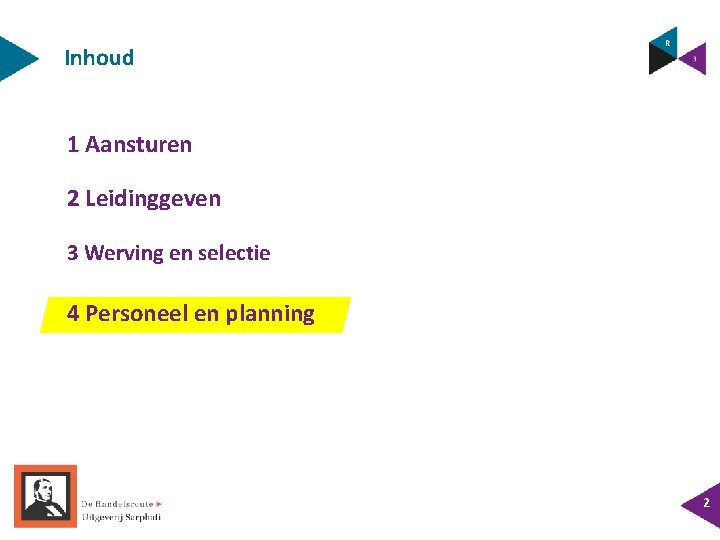 Inhoud 1 Aansturen 2 Leidinggeven 3 Werving en selectie 4 Personeel en planning 2 Inhoud 1 Aansturen 2 Leidinggeven 3 Werving en selectie 4 Personeel en planning 2