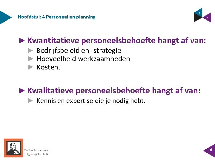 Hoofdstuk 4 Personeel en planning ► Kwantitatieve personeelsbehoefte hangt af van: ► Bedrijfsbeleid en Hoofdstuk 4 Personeel en planning ► Kwantitatieve personeelsbehoefte hangt af van: ► Bedrijfsbeleid en