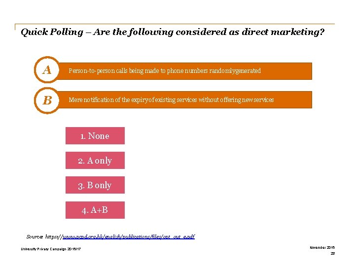 Quick Polling – Are the following considered as direct marketing? A Person-to-person calls being