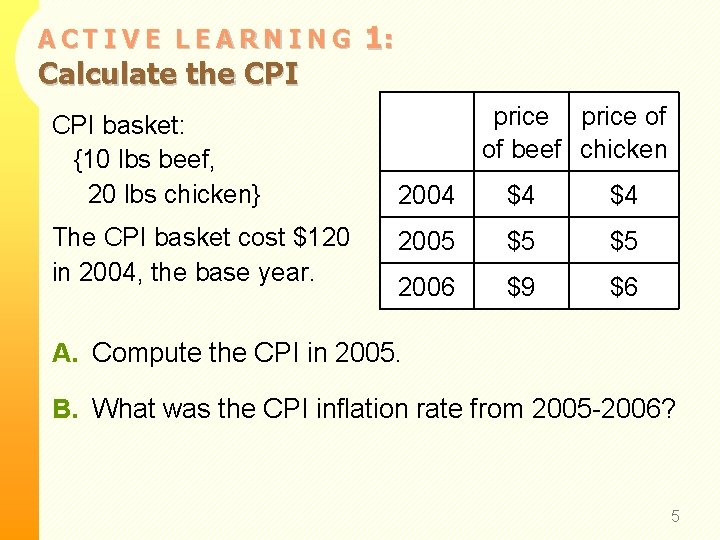 ACTIVE LEARNING Calculate the CPI basket: {10 lbs beef, 20 lbs chicken} The CPI