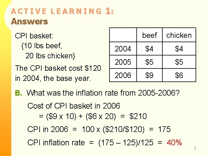 ACTIVE LEARNING Answers CPI basket: {10 lbs beef, 20 lbs chicken} The CPI basket