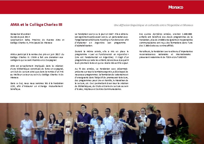 Monaco AMA et le Collège Charles III Domaine Education Durée depuis 2013 Localisation Salta,