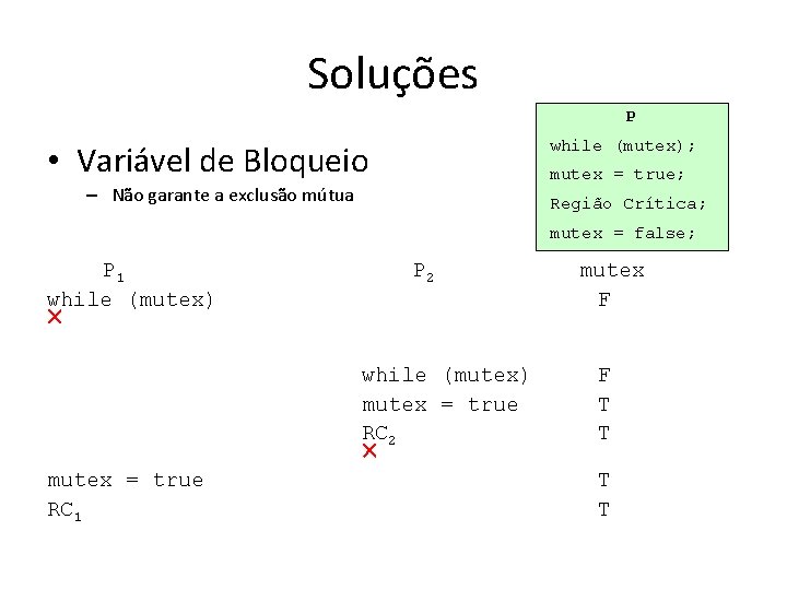 Soluções P while (mutex); • Variável de Bloqueio mutex = true; – Não garante